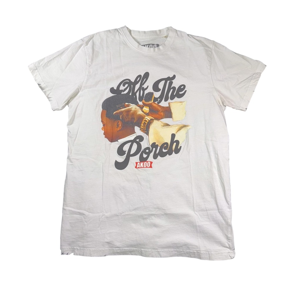 Akoo Off The Porch Shirt Mens Small White Graphic Tee Barber Shop 80s Art Style